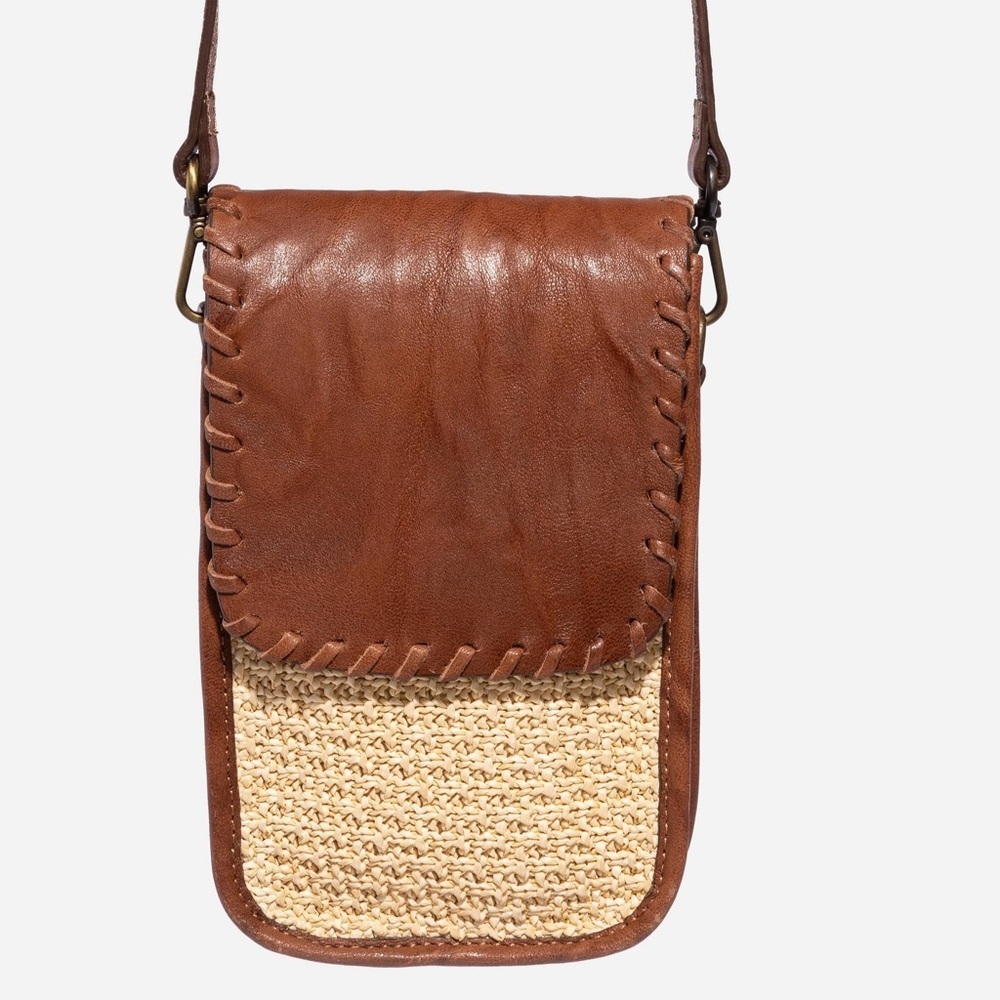 JOHNNY WAS COGNAC ITALIAN RAFFIA MICRO CROSSBODY NWT - Picture 5 of 10